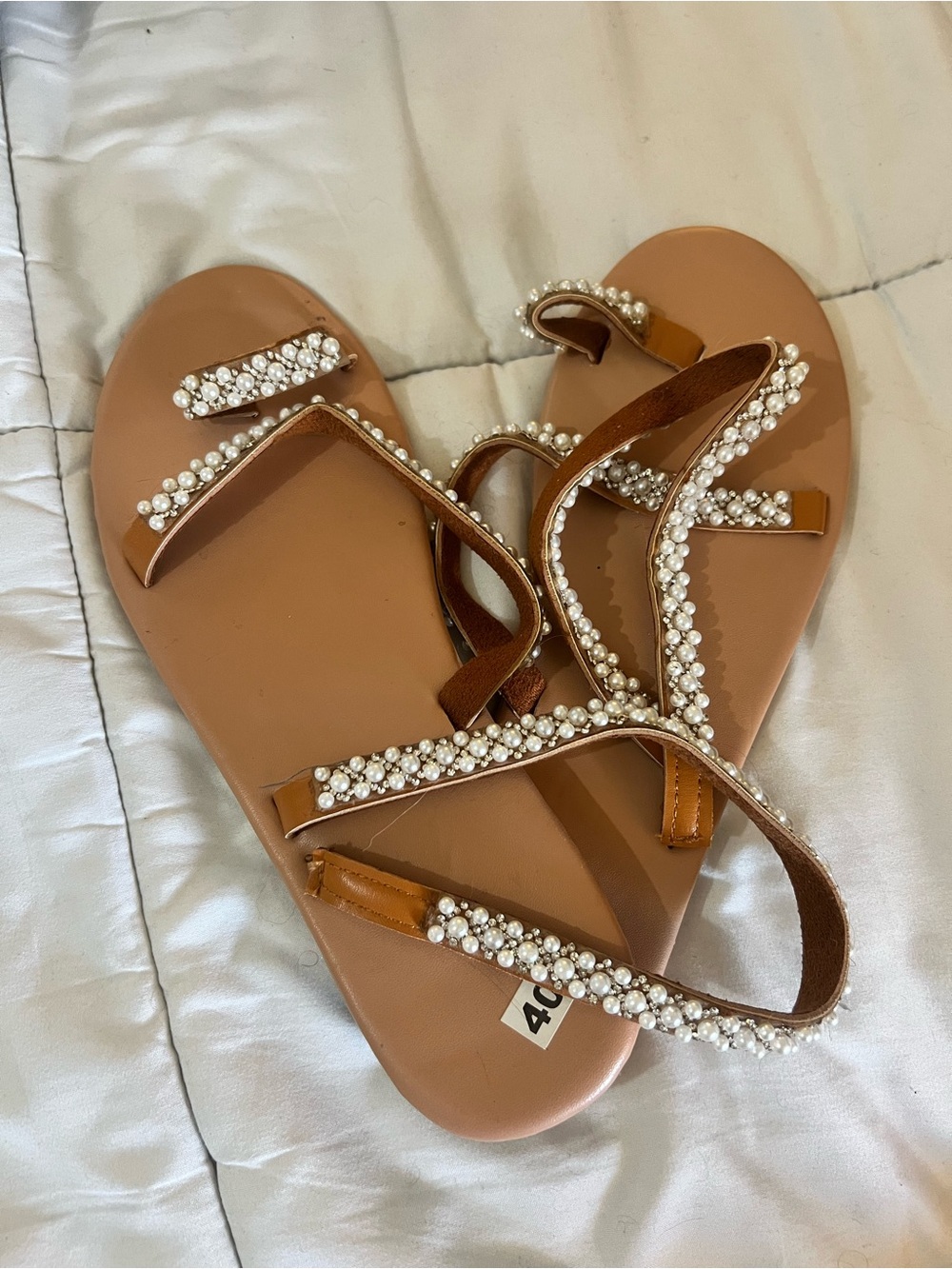 Women's Pearl-Embellished Brown Strappy Sandals